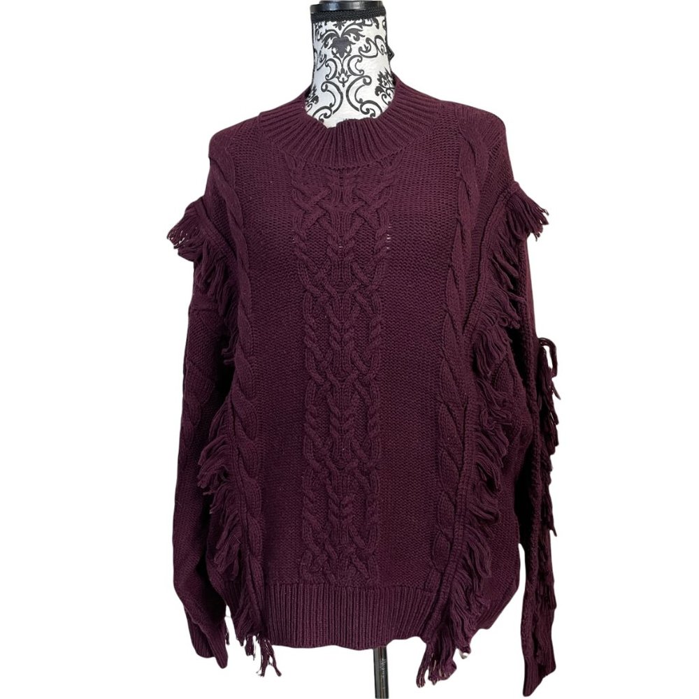 Leith | Women's Cable Knit Fringe Burgundy Maroon Red Sweater 1X - Picture 2 of 7